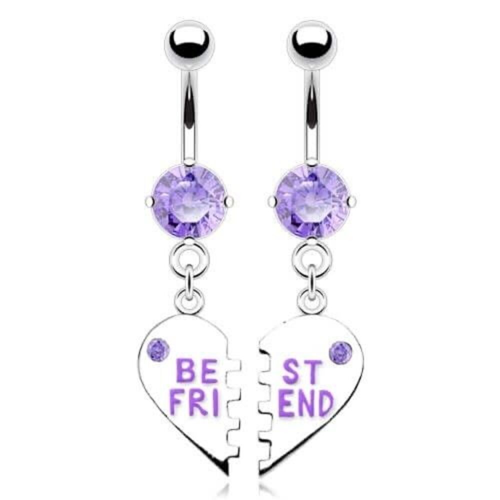 Purple Best Friends Heart CZ Dangle Navel Ring 14G Belly Button Piercing